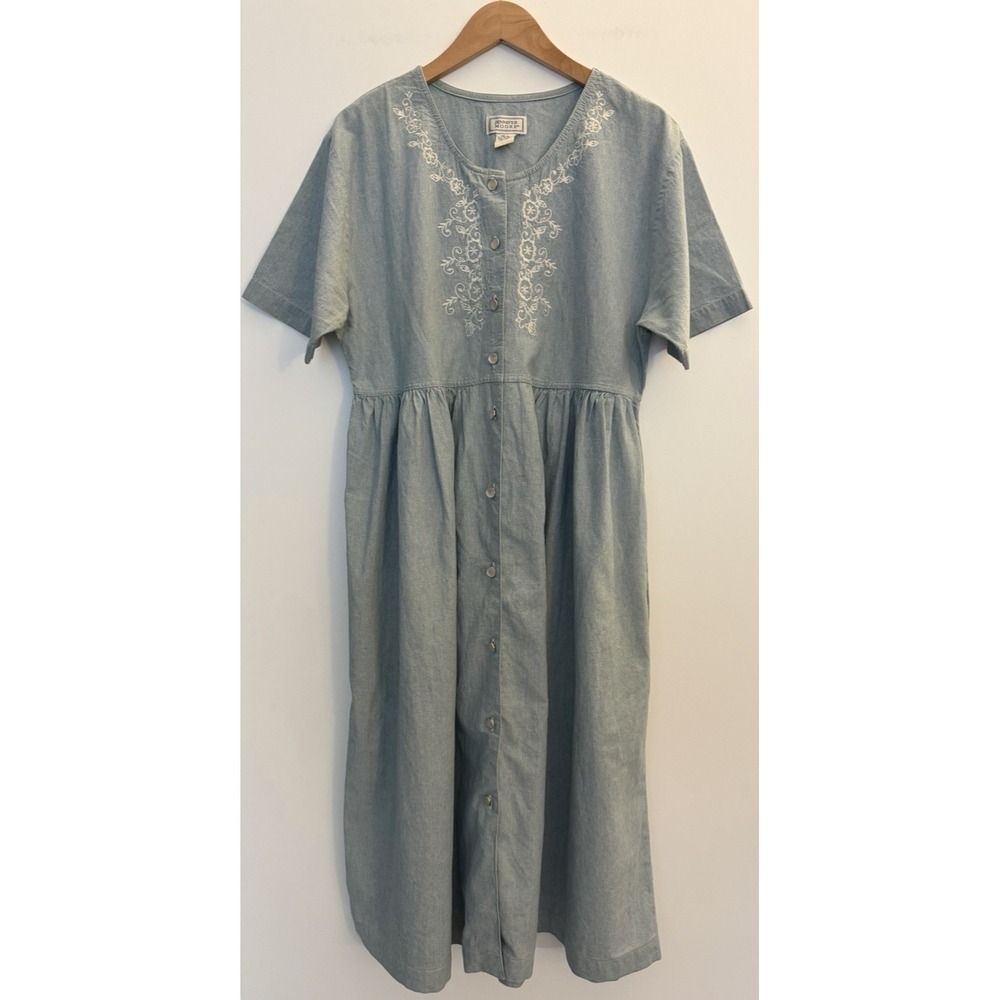 Jennifer Moore Denim Midi Button Front Dress Size L Cottagecore Embroidered Blue